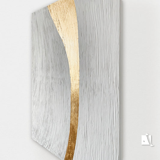 Abstract 3D textured art piece with gold and white wavy lines on a white background and golden leaf