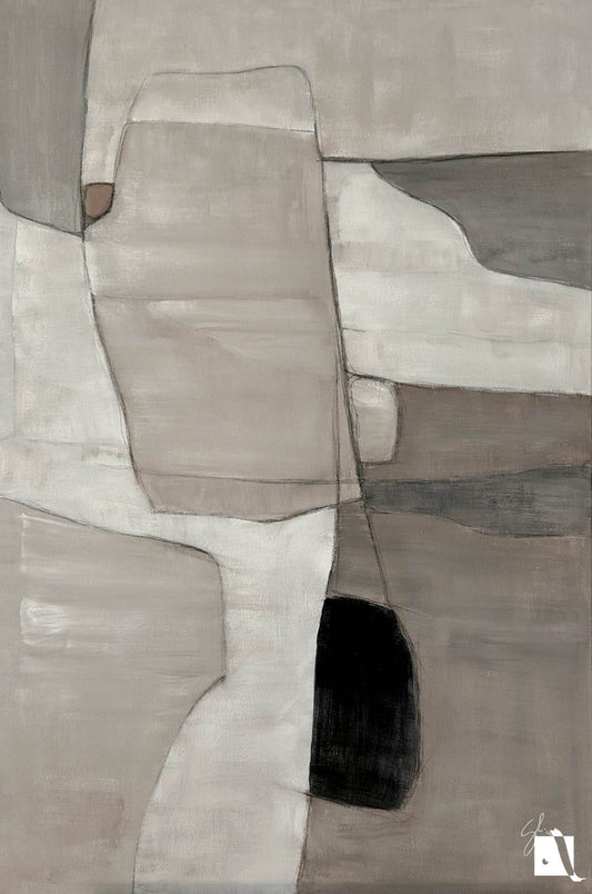 Acrylic abstract painting with color patches in nude colors: cream, white, gray and graphic lines