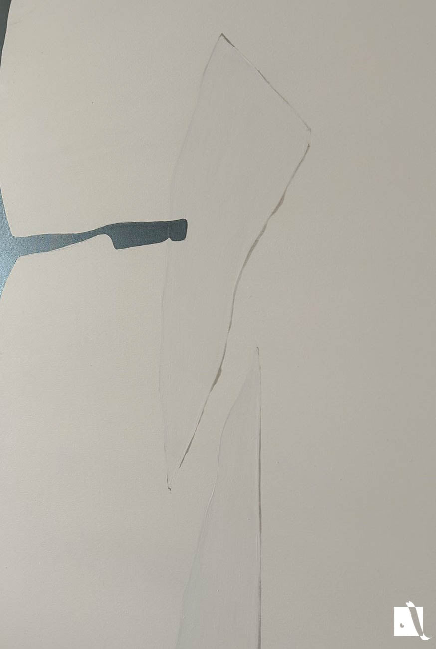Abstract art piece on canvas with irregular formes, light cream and black