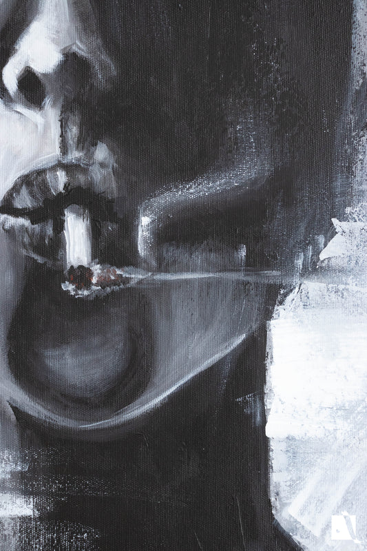 Pictura decorativa figurativa in acrilic, politista cu tigara alb negru
