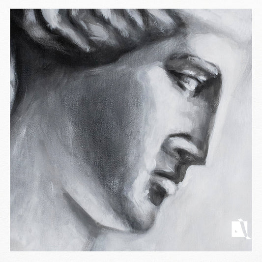 Pictura in acrilic realizat manual in al-negru portret realistic al unui caracter mitologic: printesa Aria.