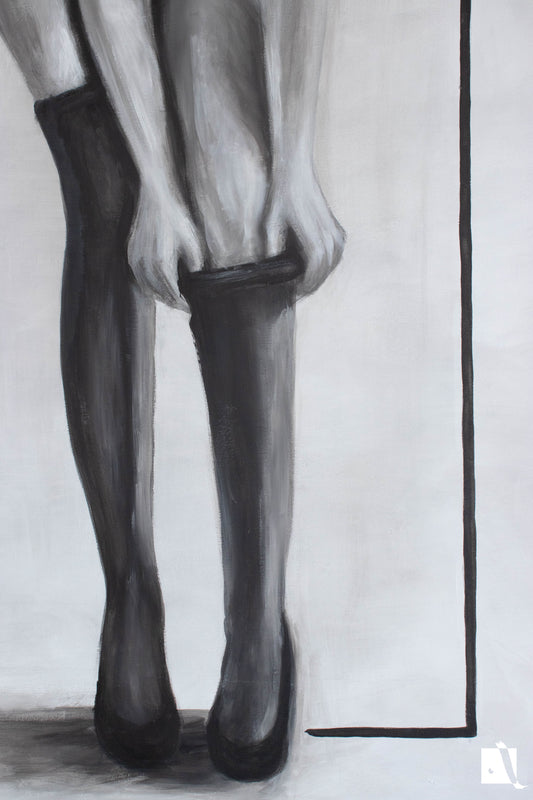 Pictura minimalista cu figura femeie realistica ciorapi sexy si par lasat