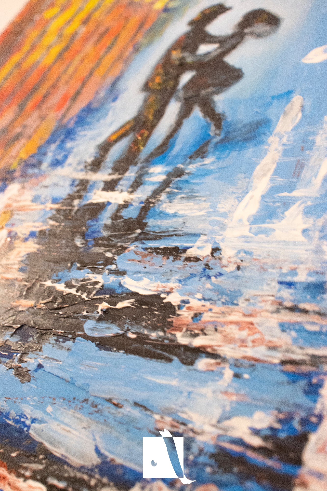 Pictura peisaj in stil abstract surrealist cu un cuplu dansand in ploaie