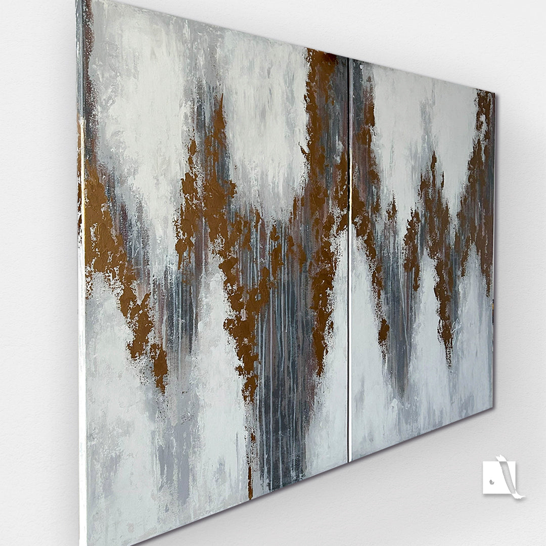 Set Pictura Decorativa abstracta 2 bucati cu acrilic metalic auriu, gri si maro, alb