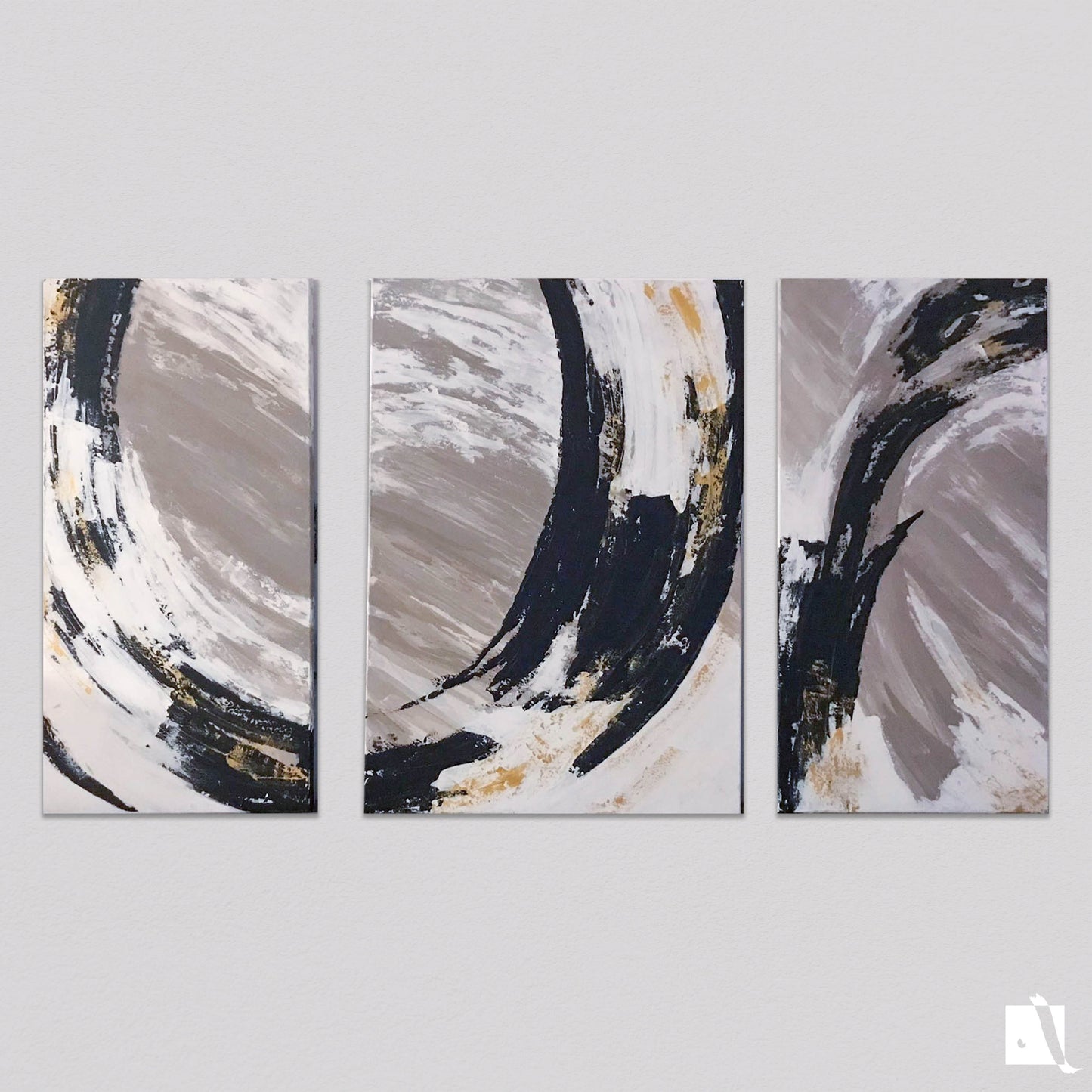 Set de 3 bucati picturi decorative abstracte forme circulare in relief cu nuante de cafeniu alb negru si insertii aurii
