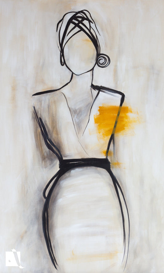 Set de picturi 3 bucati cu 3 figuri feminine realizate manual in vopsea acrilica in stil abstract pe fundal crem cu contur negru si accente ocru tablou 1 din 1