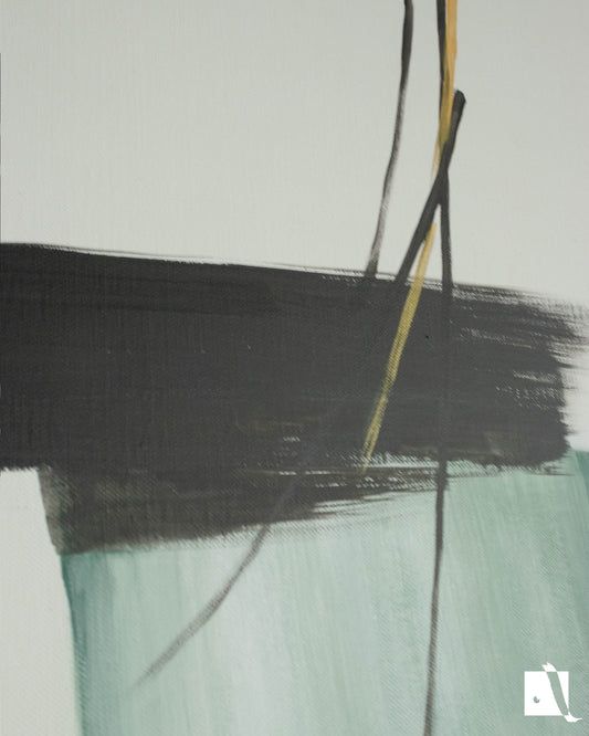 pictura decorativa abstracta cu forme rectangulare pe fundal crem cu verde negru si auriu