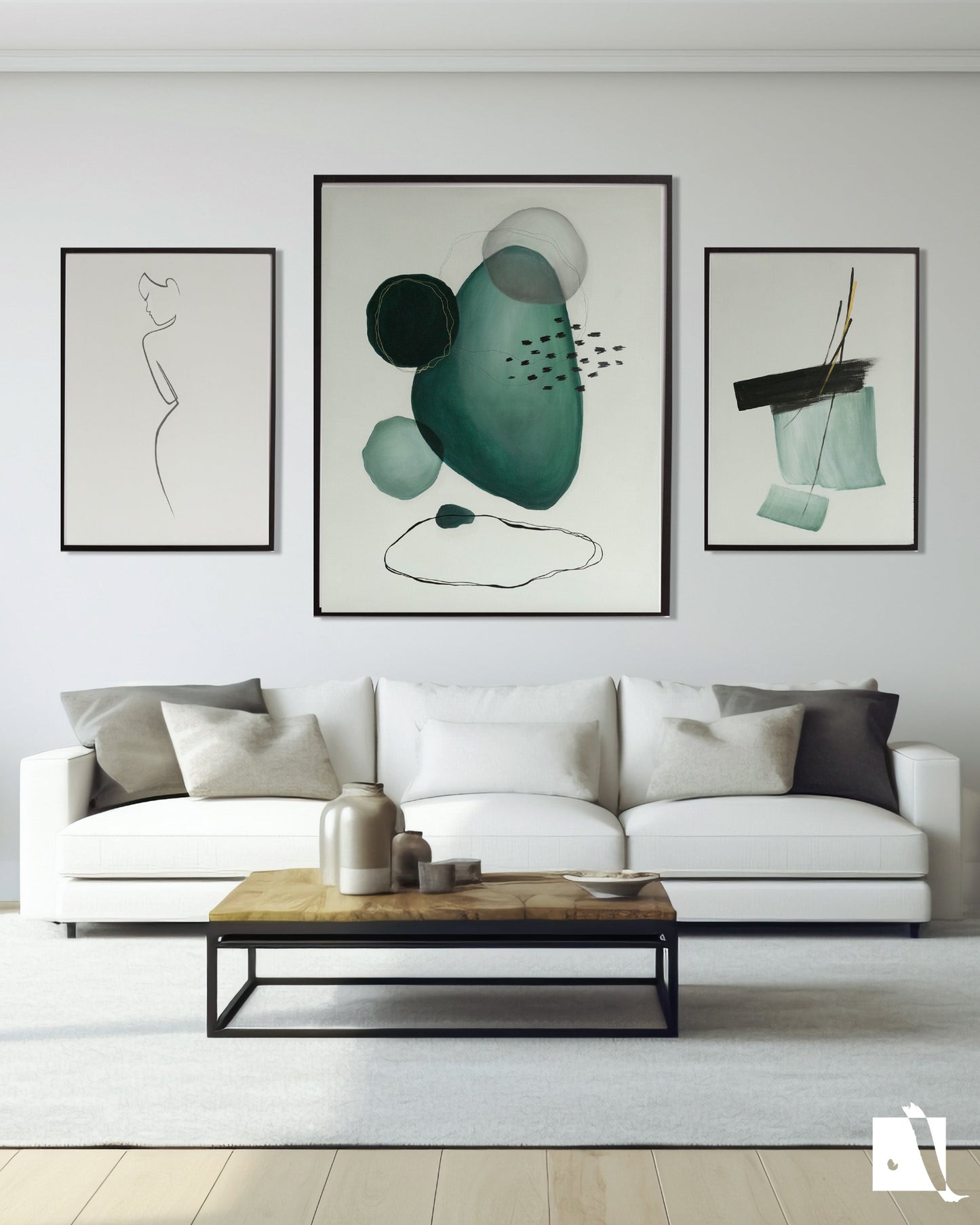 pictura decorativa abstracta minimalista realizata manual cu fundal crem si forme rotunde neregulare verde eucalipt si negru set de 3 tablouri in amenajare contemporana