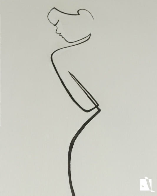 pictura decorativa minimalista conturul unui corp feminin cu linie neagra pe fundal crem