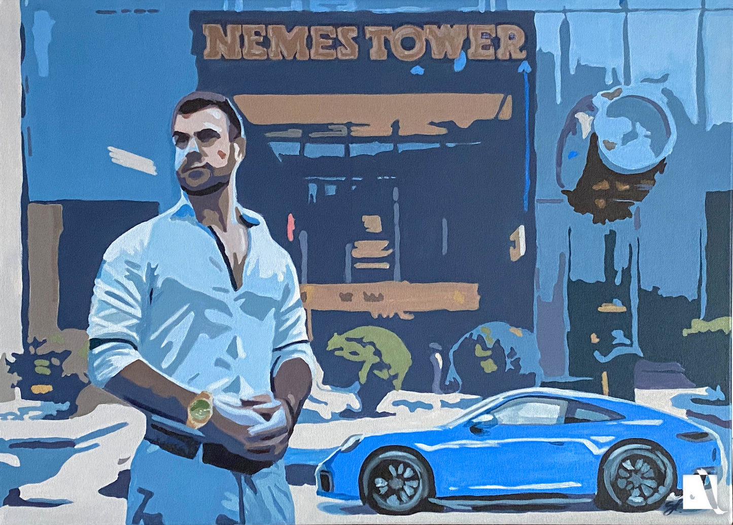 pictura tip portret personalizata la comanda abstractizat arhitectura in fundal cu porsche