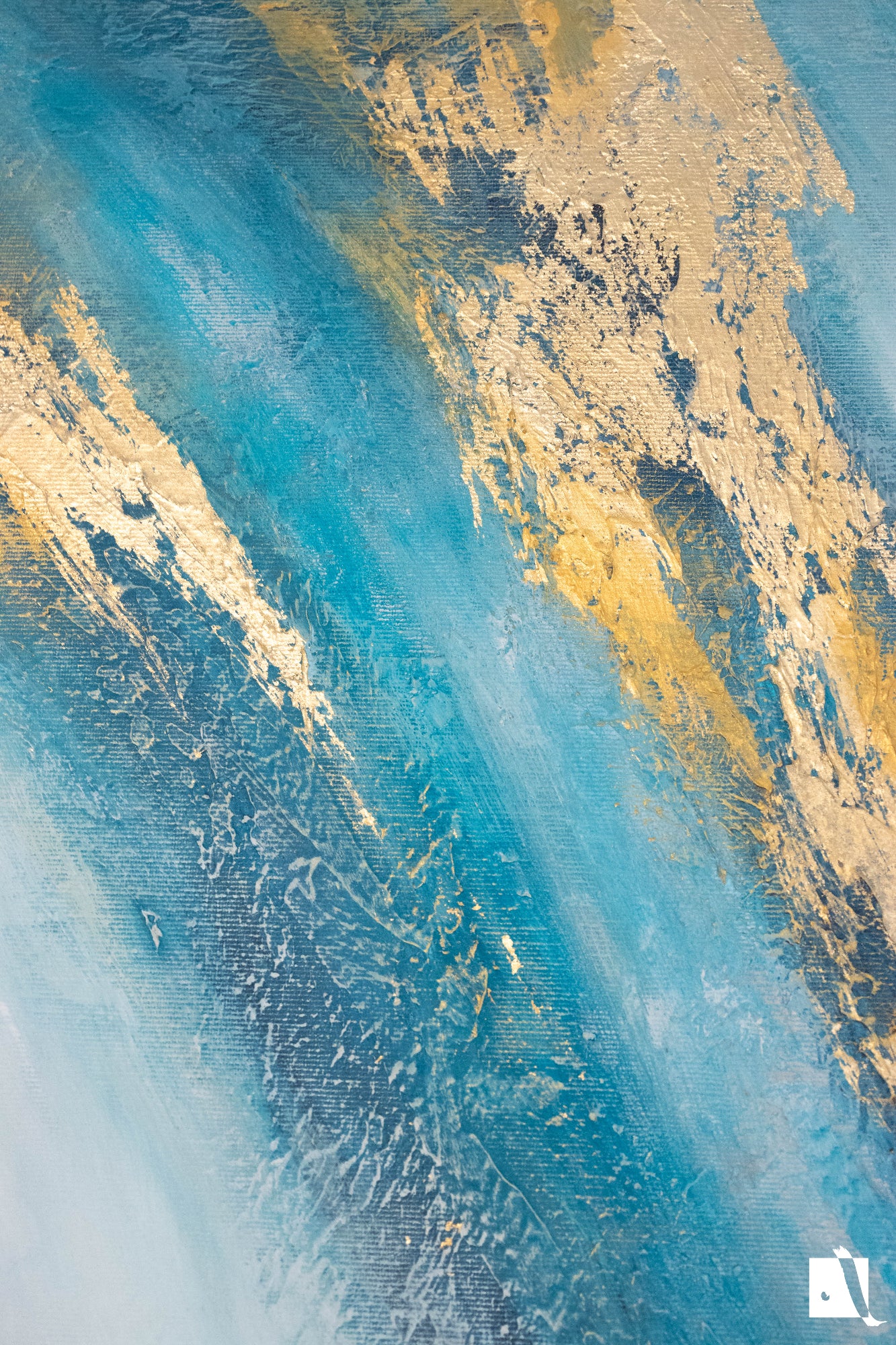 pictura decorativa abstracta in relief cu forme fluide albastru cu insertii aurii set de pictura