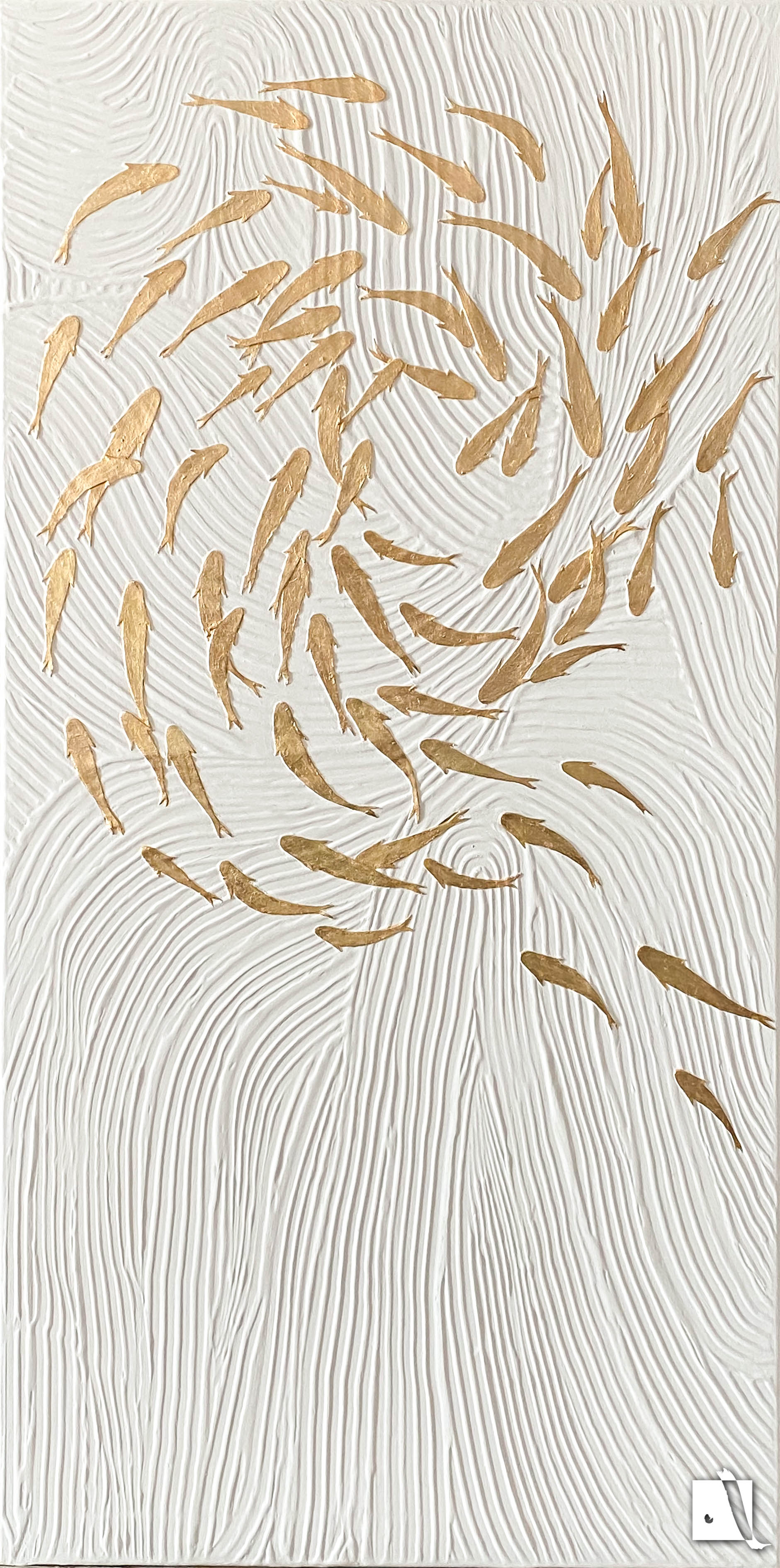 3D structured art piece with wavy lines imitating water and golden koy fish swimming in pound in relief. White acrylic background and golden leaf fish koy