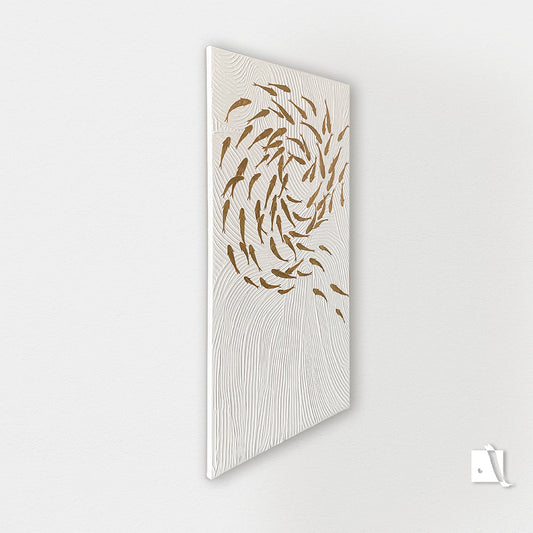 3D structured art piece with wavy lines imitating water and golden koy fish swimming in pound in relief. White acrylic background and golden leaf fish koy