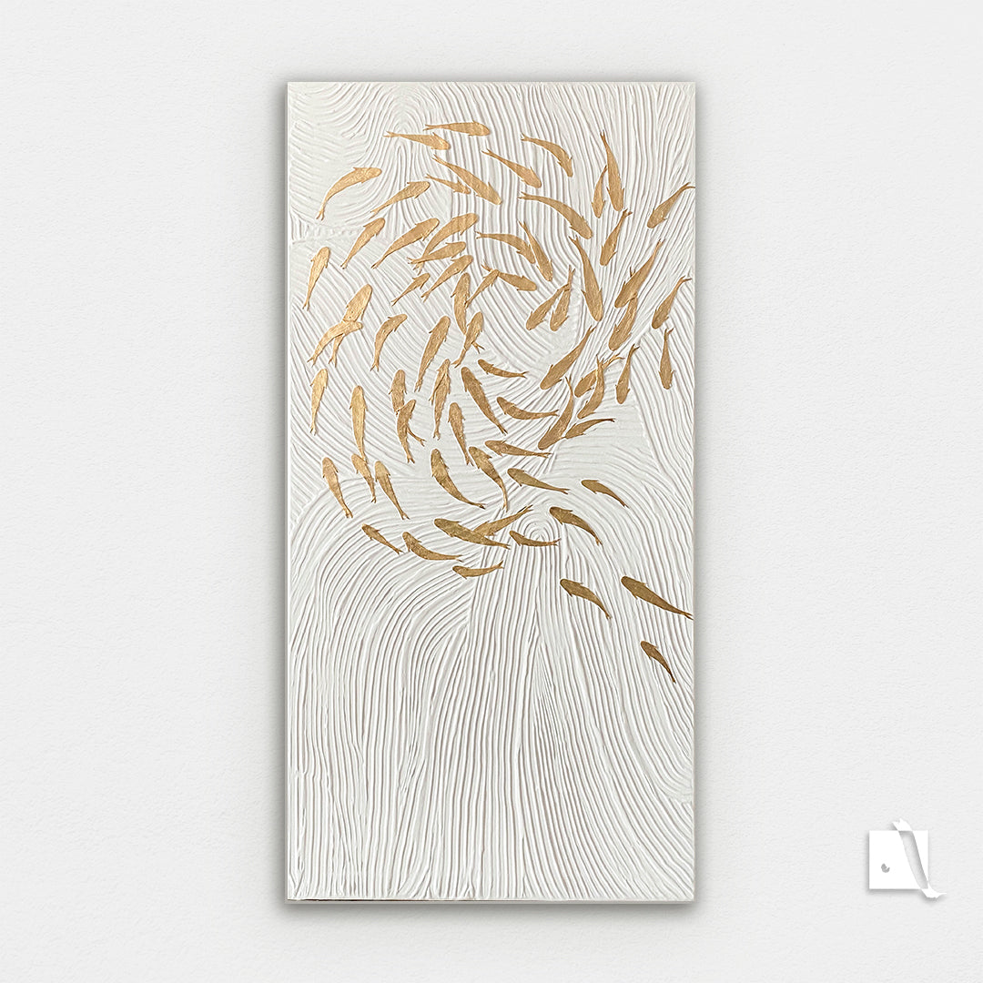 3D structured art piece with wavy lines imitating water and golden koy fish swimming in pound in relief. White acrylic background and golden leaf fish koy