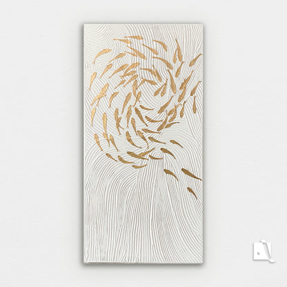 3D structured art piece with wavy lines imitating water and golden koy fish swimming in pound in relief. White acrylic background and golden leaf fish koy