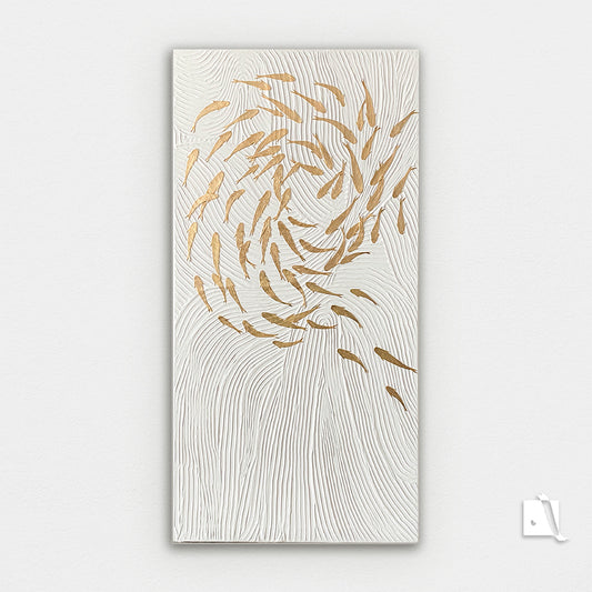 3D structured art piece with wavy lines imitating water and golden koy fish swimming in pound in relief. White acrylic background and golden leaf fish koy