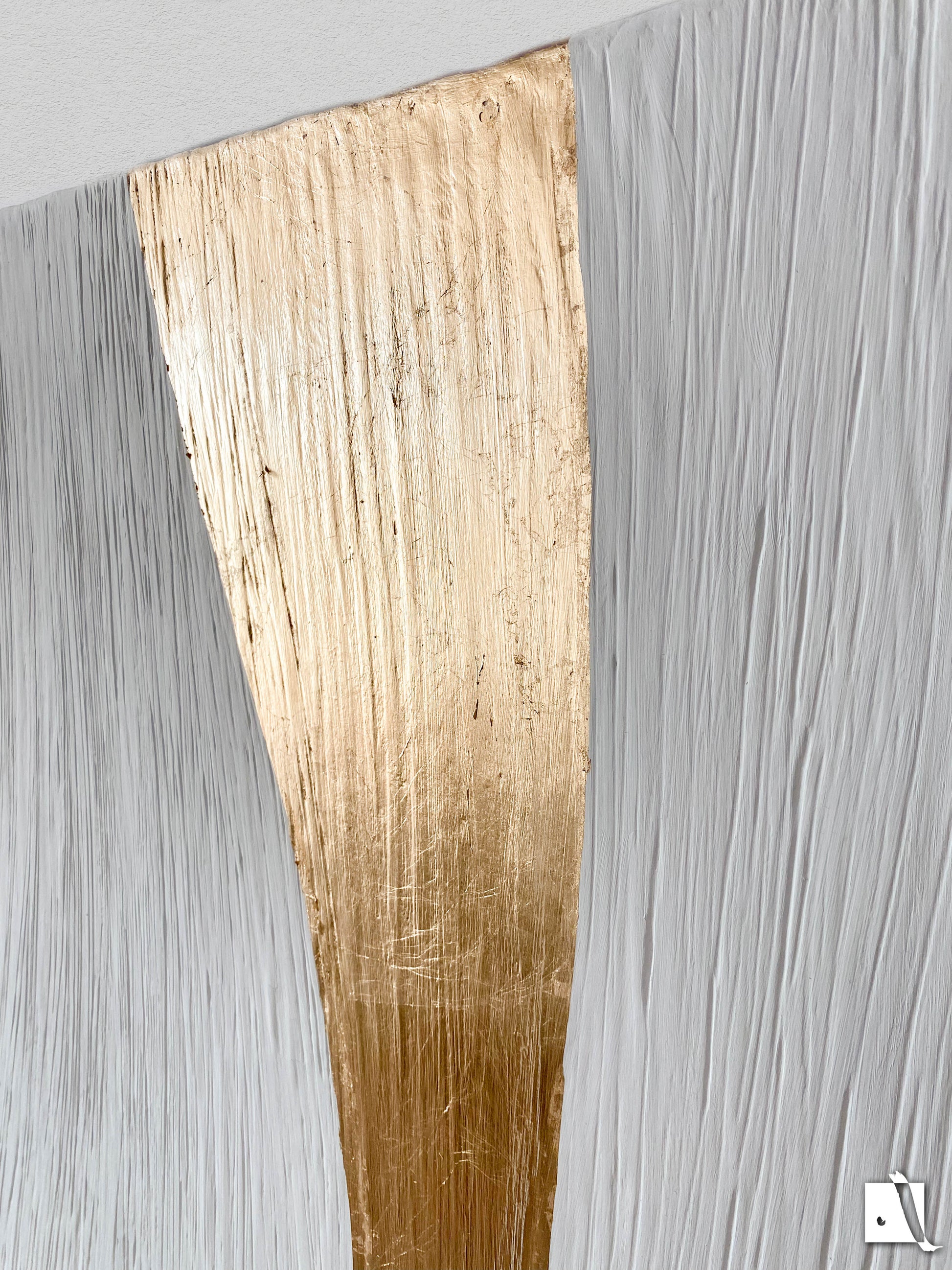 Abstract 3D textured art piece with gold and white wavy lines on a white background and golden leaf