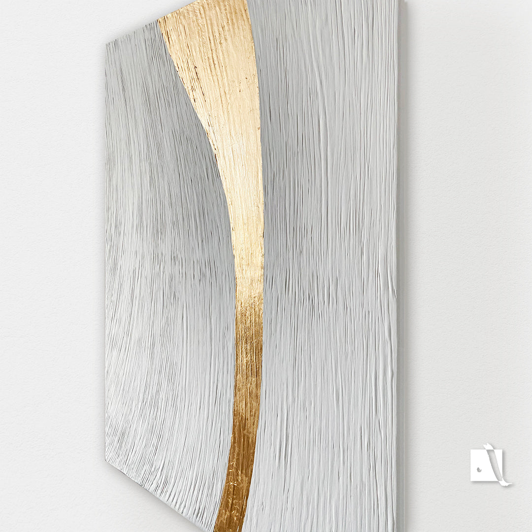 Abstract 3D textured art piece with gold and white wavy lines on a white background and golden leaf