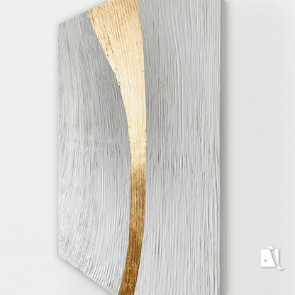 Abstract 3D textured art piece with gold and white wavy lines on a white background and golden leaf