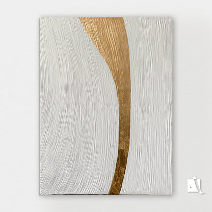 Abstract 3D textured art piece with gold and white wavy lines on a white background and golden leaf