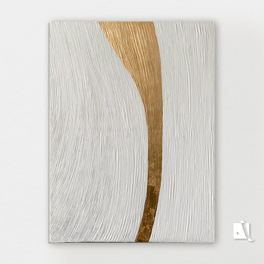 Abstract 3D textured art piece with gold and white wavy lines on a white background and golden leaf