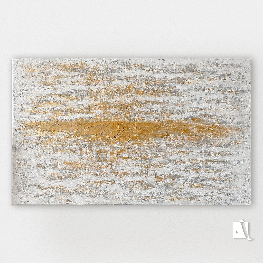 3D structured art piece in relief with gray, white and golden acruylic painting, golden vertical line in middle
