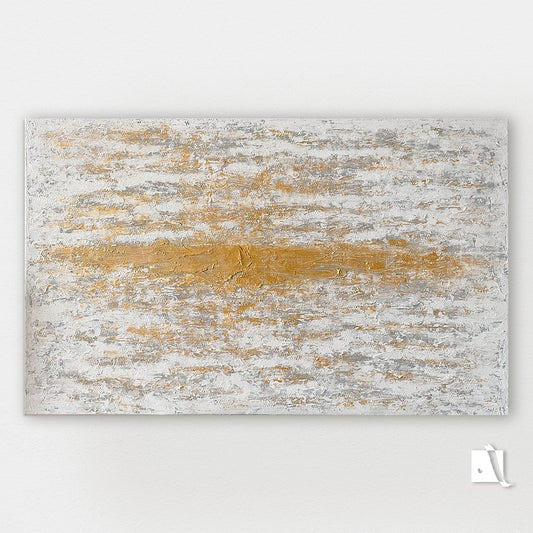 3D structured art piece in relief with gray, white and golden acruylic painting, golden vertical line in middle