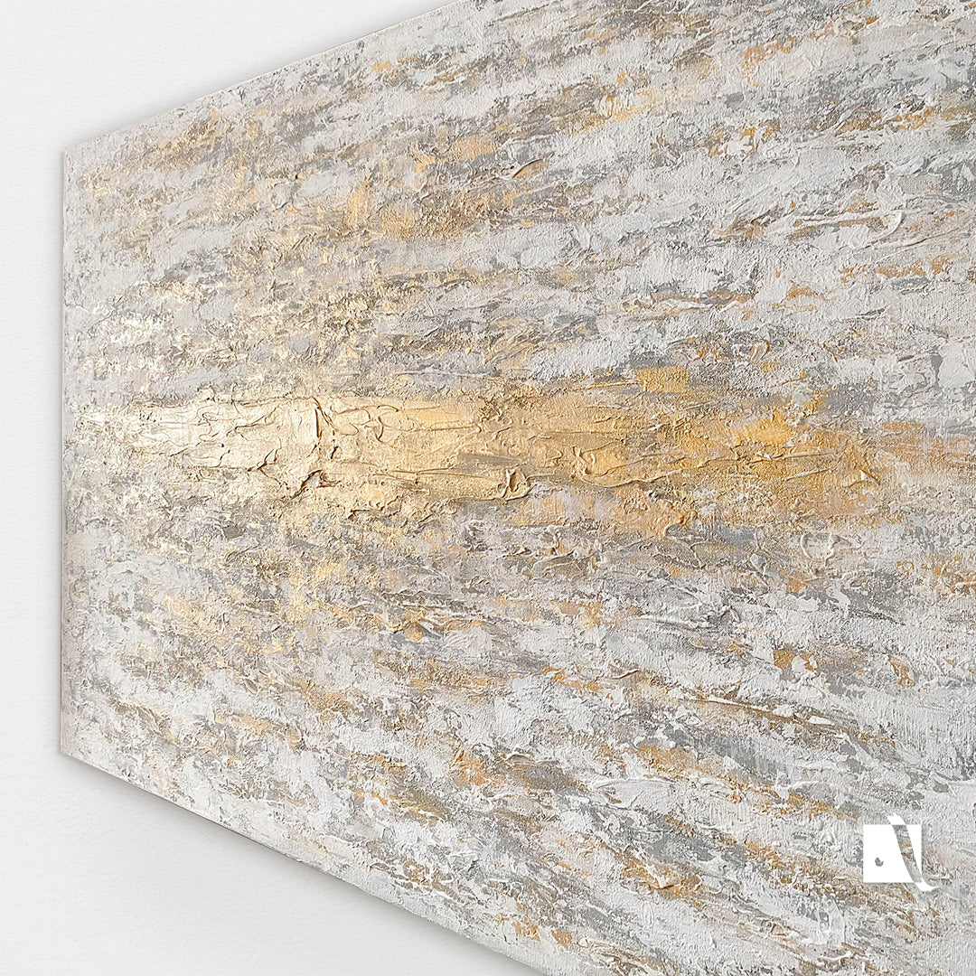 3D structured art piece in relief with gray, white and golden acruylic painting, golden vertical line in middle