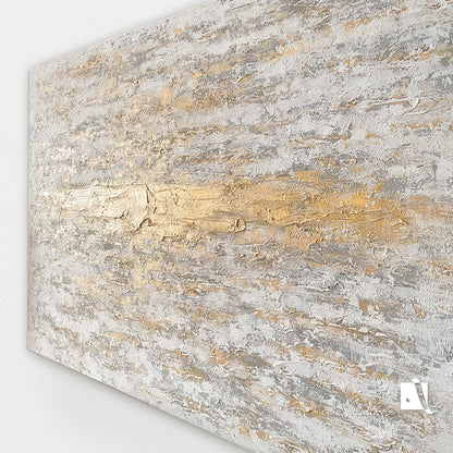 3D structured art piece in relief with gray, white and golden acruylic painting, golden vertical line in middle