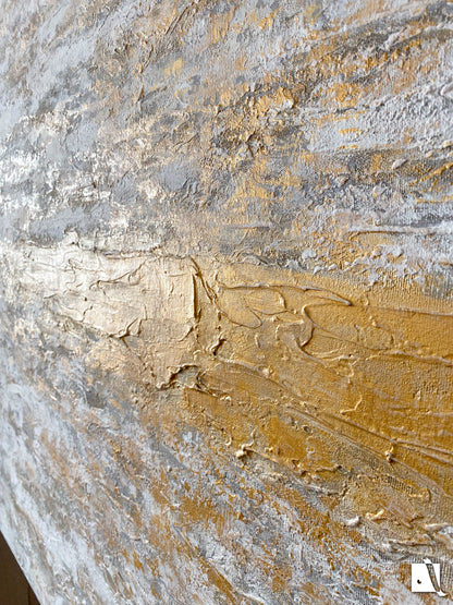 3D structured art piece in relief with gray, white and golden acruylic painting, golden vertical line in middle