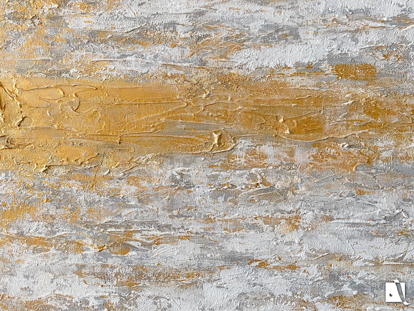 3D structured art piece in relief with gray, white and golden acruylic painting, golden vertical line in middle