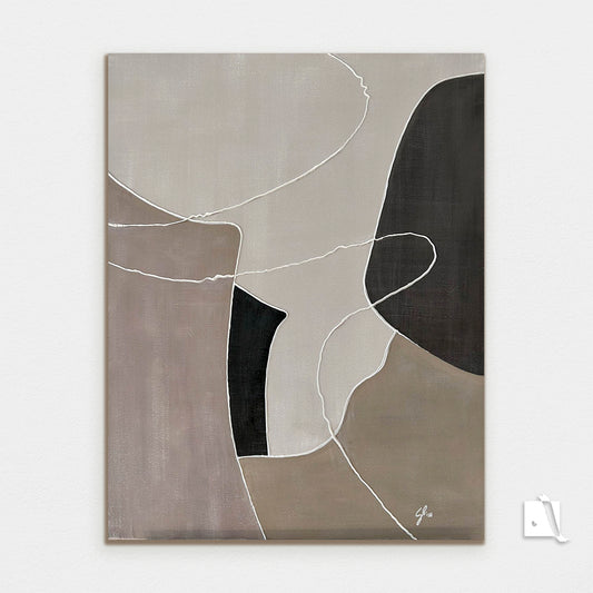 Acrylic abstract painting with color patches in nude colors: cream, white, gray and white lines in basorelief