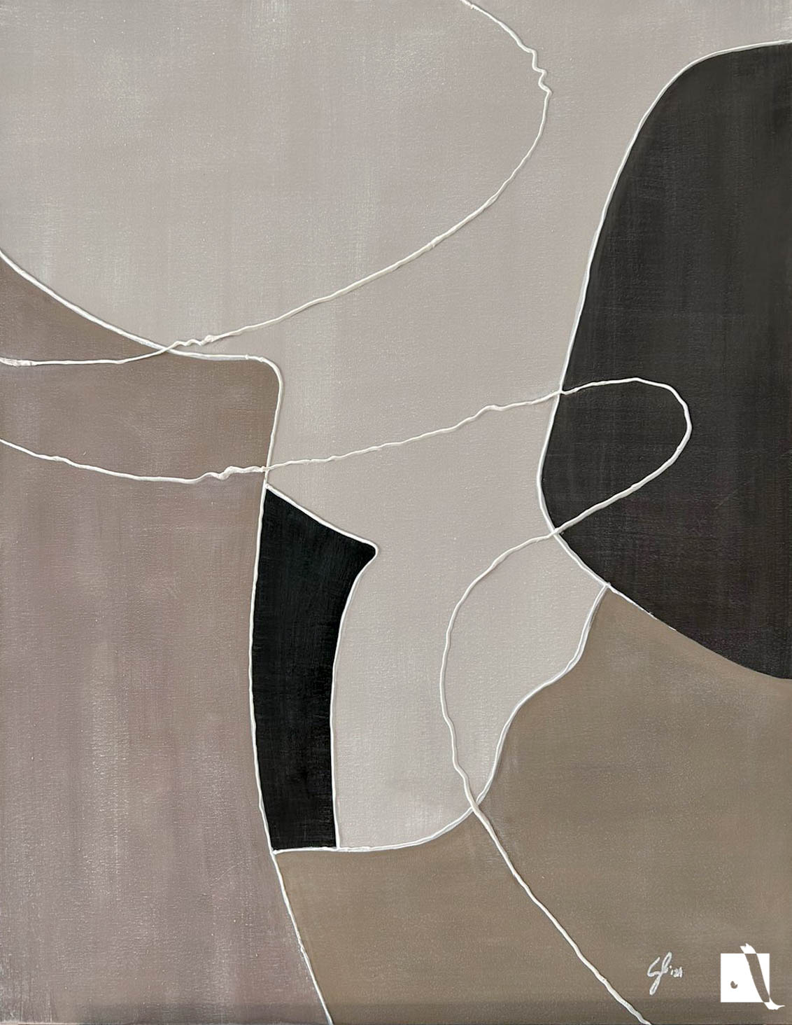 Acrylic abstract painting with color patches in nude colors: cream, white, gray and white lines in basorelief