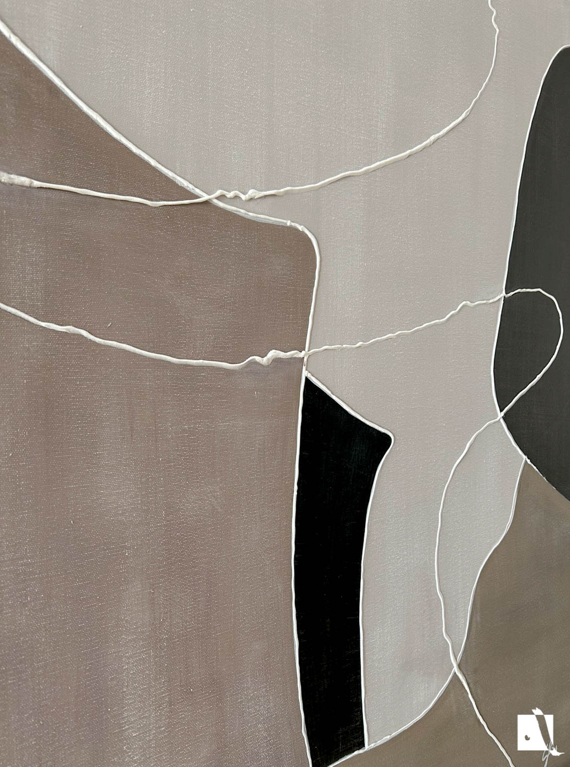 Acrylic abstract painting with color patches in nude colors: cream, white, gray and white lines in basorelief