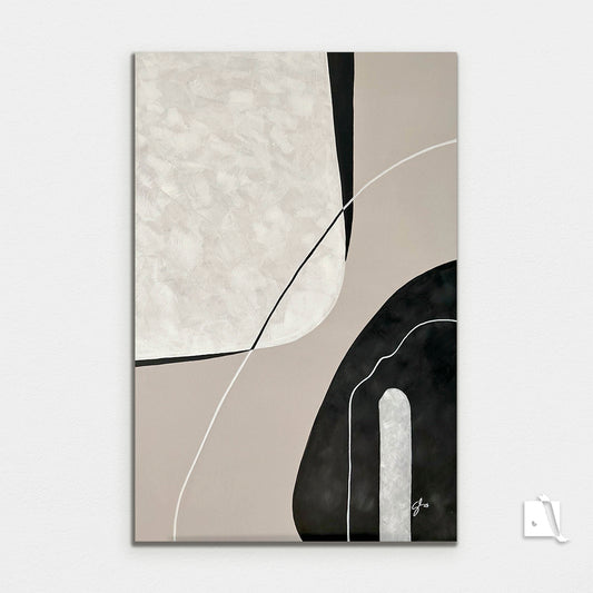 Acrylic abstract painting with color patches in nude colors: cream, white, black and white lines 