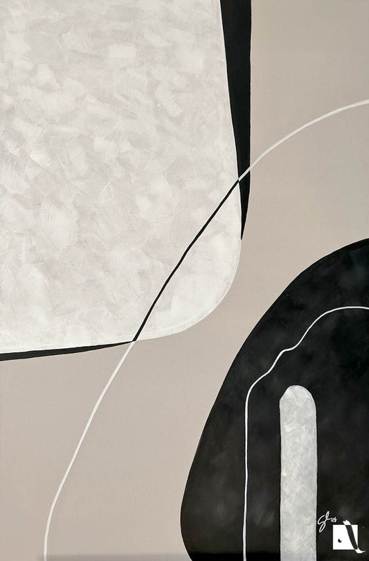 Acrylic abstract painting with color patches in nude colors: cream, white, black and white lines 