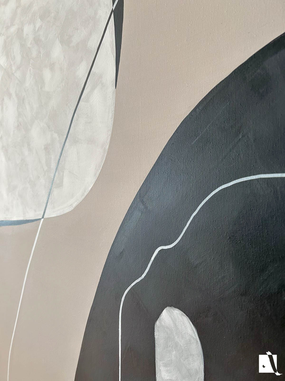 Acrylic abstract painting with color patches in nude colors: cream, white, black and white lines 