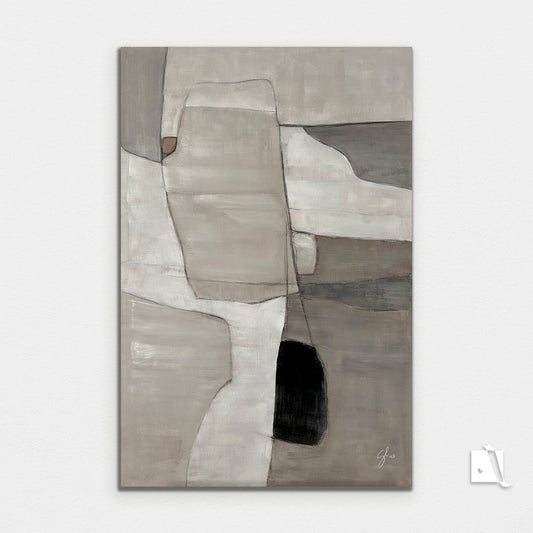 Acrylic abstract painting with color patches in nude colors: cream, white, gray and graphic lines