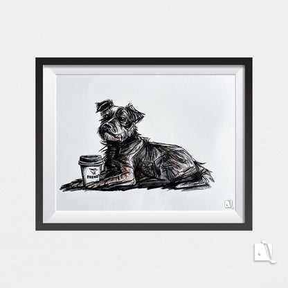 Desen inramat pe perete cu portret canin in tehnica mixta cu creion si pix cu cafea