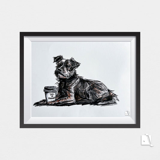 Desen inramat pe perete cu portret canin in tehnica mixta cu creion si pix cu cafea