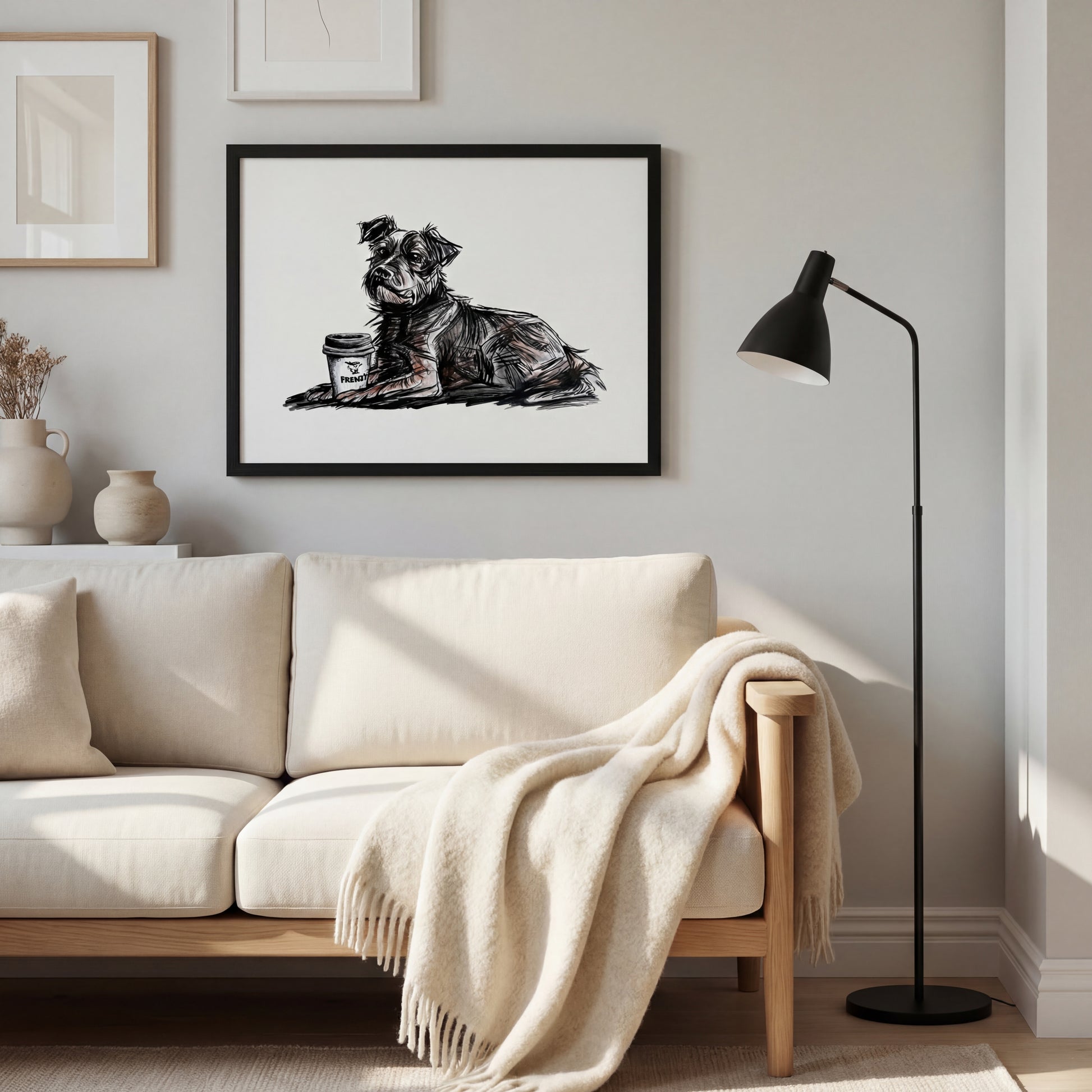 Desen inramat pe perete cu portret canin in tehnica mixta cu creion si pix cu cafea in ambient