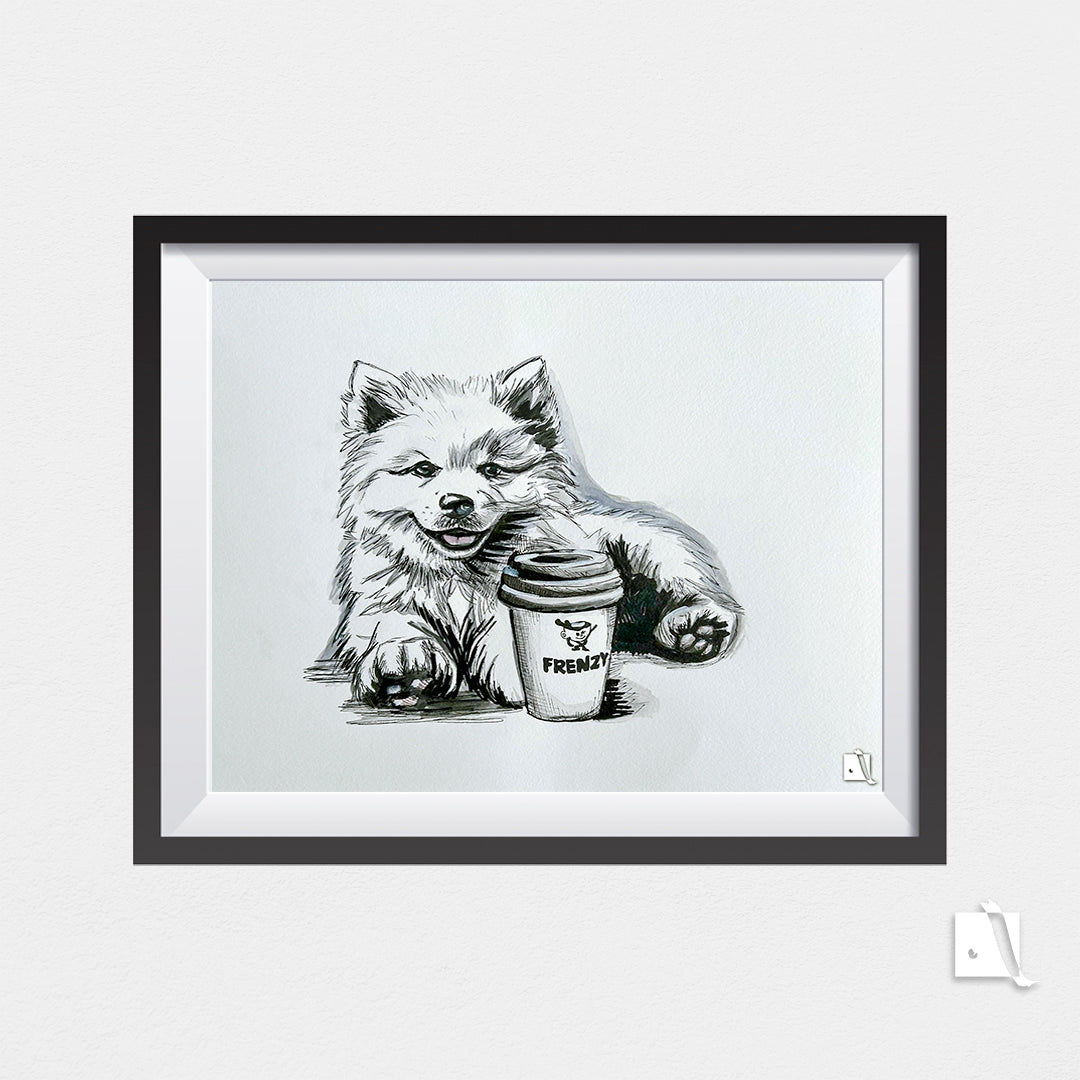 Desen inramat pe perete portret canin samoyed realizat manual pe hartie alba cu tehnica mixta, creion, pix si acuarela