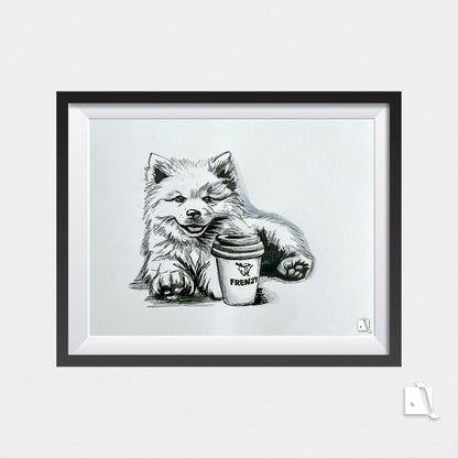 Desen inramat pe perete portret canin samoyed realizat manual pe hartie alba cu tehnica mixta, creion, pix si acuarela