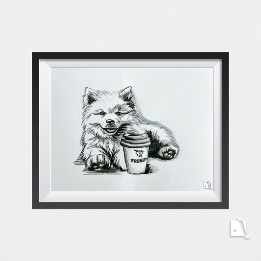 Desen inramat pe perete portret canin samoyed realizat manual pe hartie alba cu tehnica mixta, creion, pix si acuarela