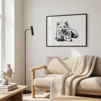 Desen inramat pe perete portret canin realizat manual pe hartie alba cu tehnica mixta, creion, pix si acuarela pus in amenajare moderna