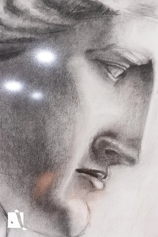 Desen realizat manual in carbune portret ealist dupa personajul mitologic grec Aria