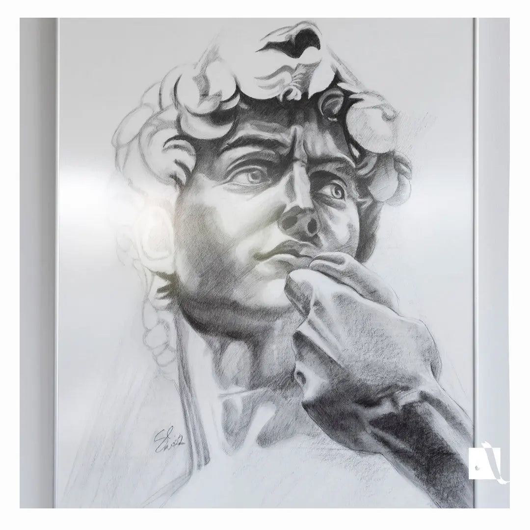 Desen realizat manual in carbune portret realist personaj biblic, David dupa sculptura lui Michelangelo