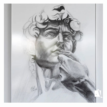 Desen realizat manual in carbune portret realist personaj biblic, David dupa sculptura lui Michelangelo