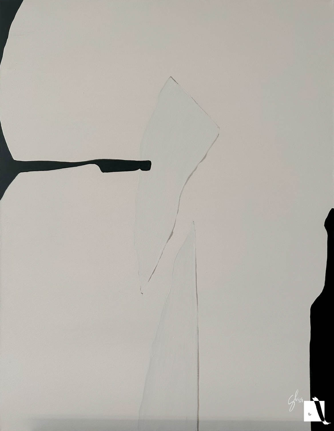 Abstract art piece on canvas with irregular formes, light cream and black