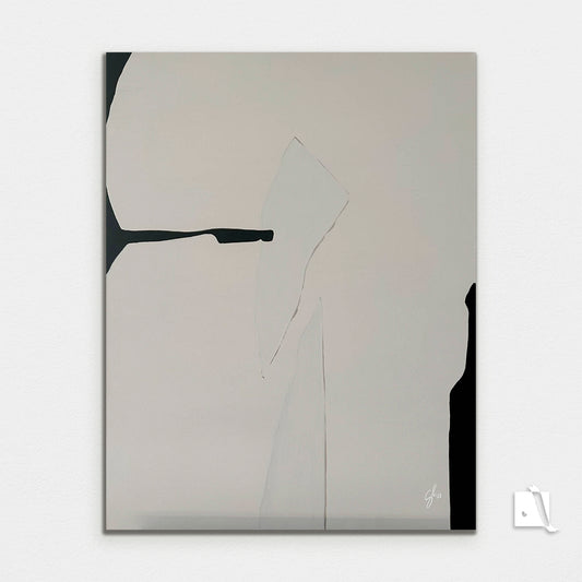 Abstract art piece on canvas with irregular formes, light cream and black